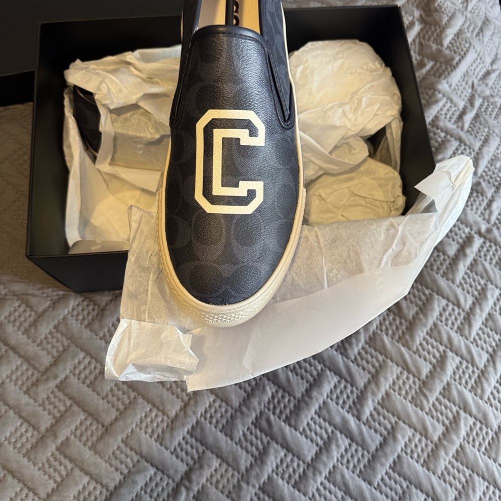 Coach Men's Black and White Logo Slip-On Loafers